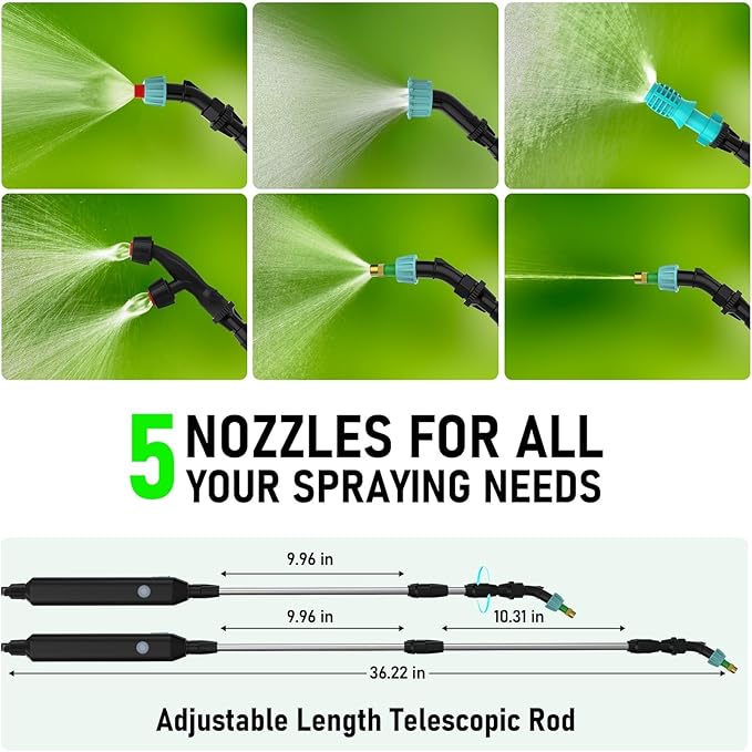 VASG 2 Gallon Battery Powered Garden Sprayer, Powerful Electric Pump Sprayer, Weed Sprayer with USB Rechargeable Handle, 5 Mist Nozzles, Retractable Wand, Adjustable Strap for Lawn, Garden, Yard