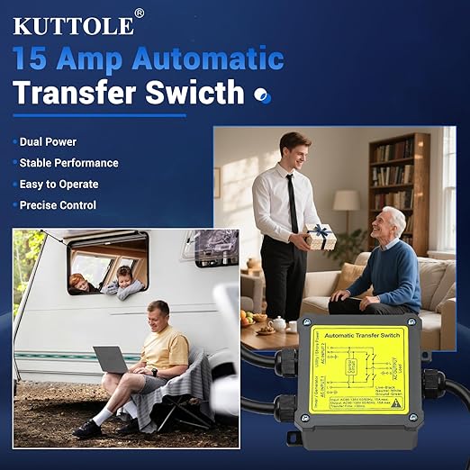 15 Amp Transfer Switch, Dual Power Automatic Transfer Switch, Relay ATS for RV Home Generator Inverter