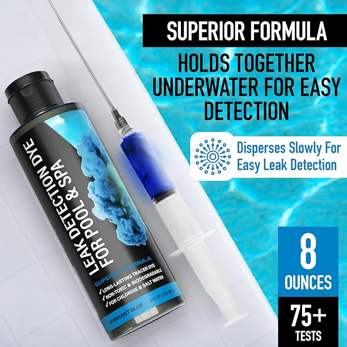 Pool Leak Detection Dye Kit - 75+ Tests - 2 Stainless Steel Precision Applicators - Superior Long Lasting Pool Dye Easily Locates Leaks - for All Pool, Spa, & Hot Tub Types - 8 OZ (Vibrant Blue)