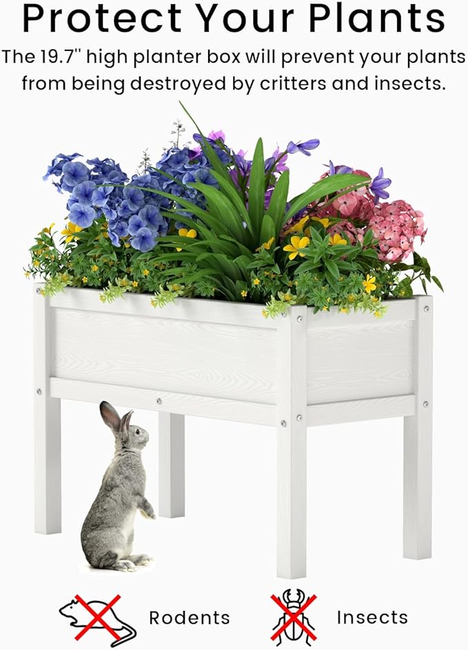 Small HDPE Raised Garden Bed, Elevated Planter Box with Legs, Outdoor All-Weather Planter Raised Beds for Seeds, Herbs, Flowers, Vegetables (White)