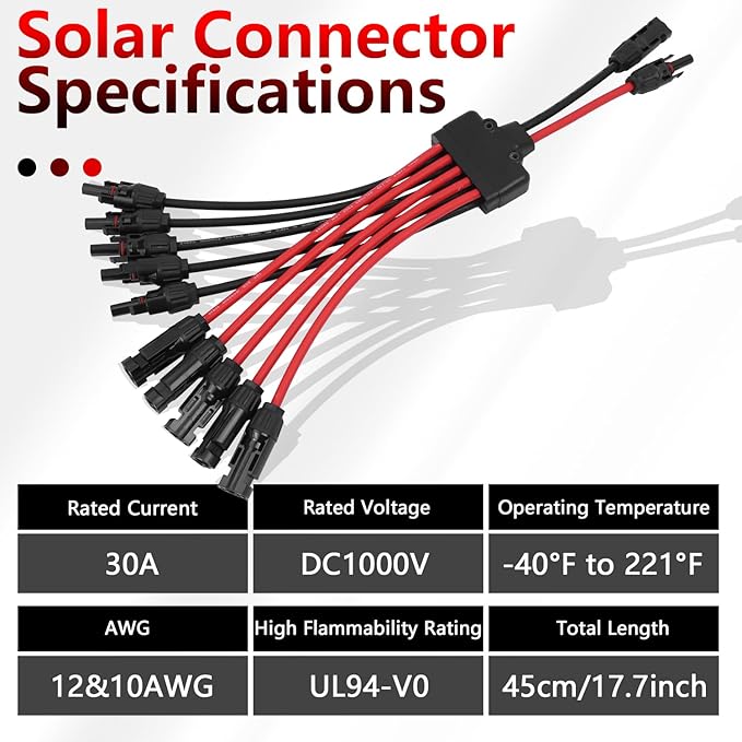 Solar Parallel Connectors for 5 Solar Panels, Tool-Free Solar Panel Connectors Cable 2 to 10 Y Branch Parallel Adapter, IP68 Waterproof Wires Splitter 10AWG for Solar Cable Extension(FMMMMM/MFFFFF)