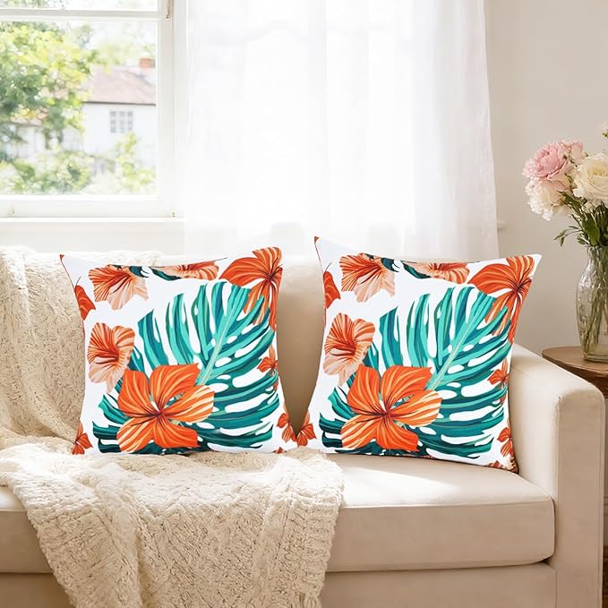 SquarePie Pack of 2 Outdoor Pillow Covers, Waterproof Decorative Throw Pillowcase Shell, Garden Cushion Shams Cases for Spring Patio Couch Balcony Bench,18x18 inch Palm Leaf Orange Flowers