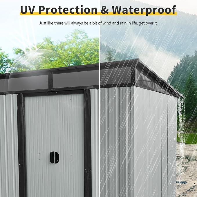 6FT x 5FT Outdoor Storage Shed, Heavy Duty Galvanized Steel Garden Shed with Sloped Roof, Sliding Lockable Doors, Punched Vents & Foundation Kit, Weather Resistant Tool Shed for Backyard, White+Black
