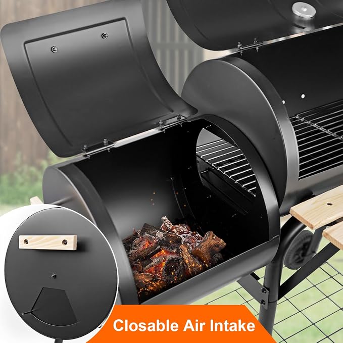 Charcoal Grills with Offset Smoker & Thermometer, Barrel BBQ Grill & Smoker Combo, Spacious Barbecue Grill for Outdoor Backyard Camping Parties