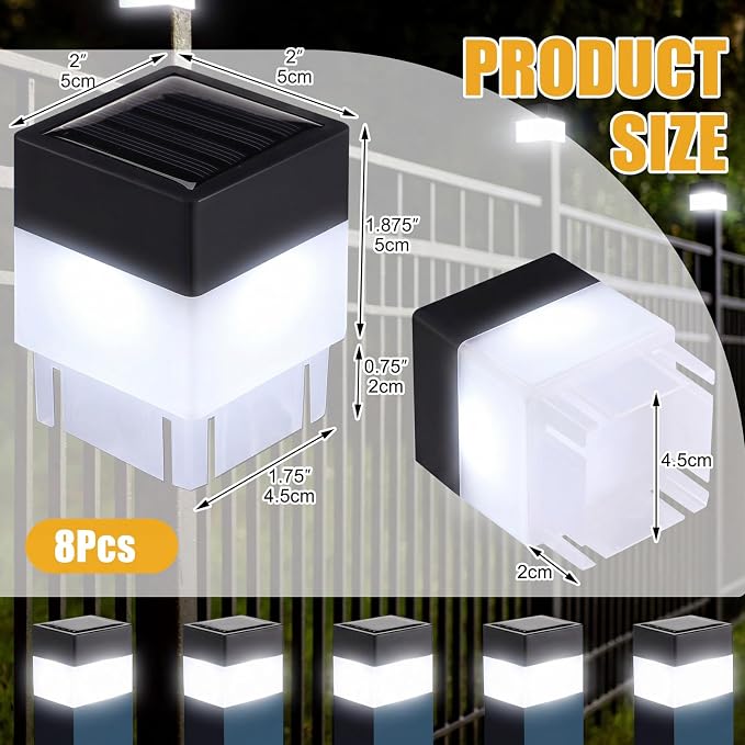 Tujoe Solar Post Cap Lights Fence Post Solar Lights 2in x 2in (5cm x 5cm)(White,8 Pack)