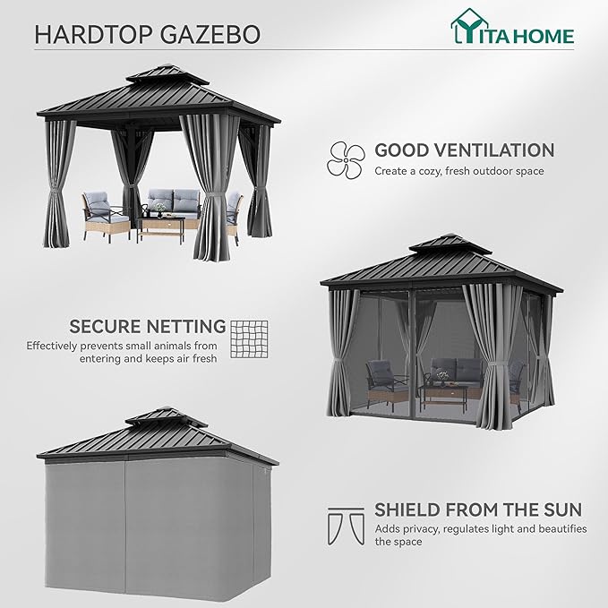 YITAHOME 10X10FT Hard Top Gazebo Patios Outdoor Double Roof Canopy Aluminum Frame Garden Gazebo with Curtains Netting for Backyards Decks Lawns, Gray