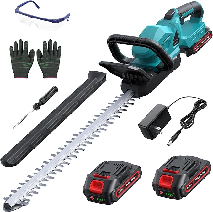 22'' Cordless Hedge Trimmer with 2 Rechargeable Batteries & Charger, 3000RPM Brushless Electric Handheld Bush Clipper, 180° Rotatable Head, 2/3'' Blade Gap, Gardening Gifts for Mother’s Day