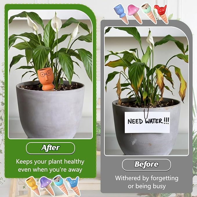 Domensi 4 Pack Terracotta Plant Watering Devices, Self Watering Spikes, Mushroom, Bird, Head, Owl-Shaped, Automatic Insert System Decorative Stakes, Cute Plant Spikes for Indoor Outdoor Plants