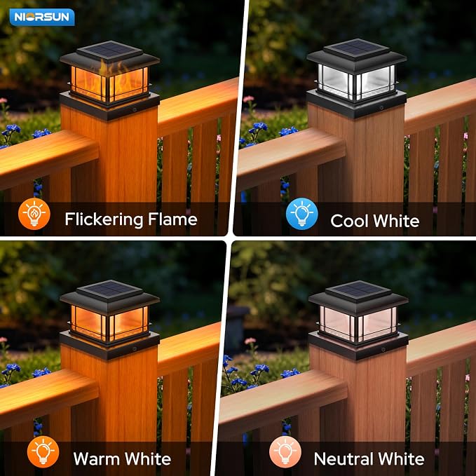 NIORSUN Solar Post Lights Outdoor, Fence Post Solar Lights with Flickering Flame Light & 3 Color Temps, Waterproof, Garden Patio Fence Deck Decor, 4x4 Posts Caps, 4x4, 5x5 Wooden & Vinyl (2Pack,Black)