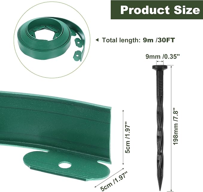 uxcell Landscape Edging, 1Pcs 30FT x 2" - Garden Edging Kit with 27 Stakes, Landscape Edging Border for Garden Lawn Flower Bed Yard Grass (Green)