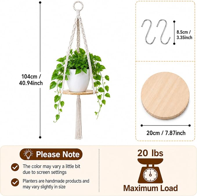 Artilady 2 Pack Macrame Hanging Planter with Wood Shelf, Boho Plant Hanger for Indoor Plants Basket Holder for Window Balcony Kitchen