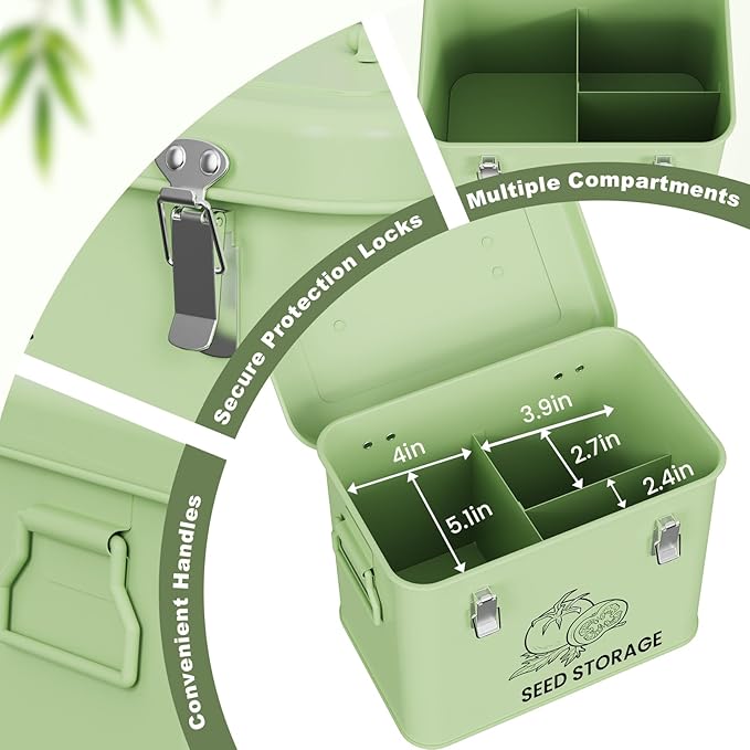 Seed Storage Organizer Box, Metal Seed Box, Garden Seed Organizer with Lid, Seed Containers Storage with 3 Compartments, 30 Seed Holder Organizers, 50pcs Seed Envelopes (Green)