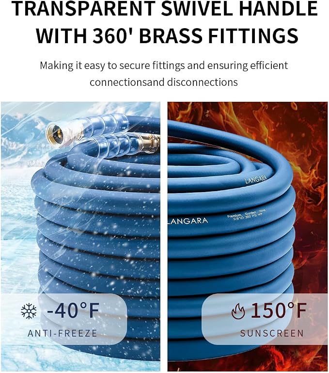 Heavy Duty Premium Garden Hose 90ft x 5/8", 300PSI Working, 1000PSI Burst, Hybrid Rubber Water Hose with Transparent Swivel Handle - Hot/Cold Water - Five Layered Braiding with Brass fittings (Blue)