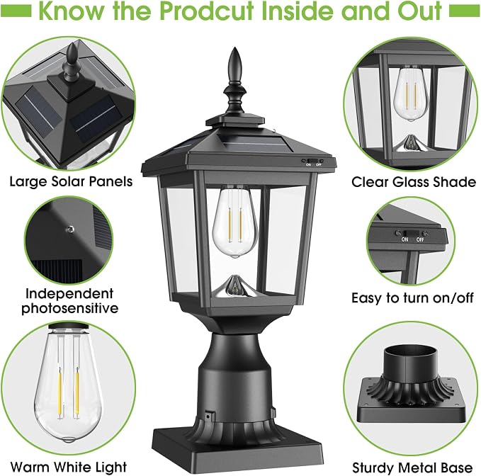 Greluna Solar Post Light Outdoor, 60 Lumens Dusk to Dawn Lamp Post Light, Solar Powered & Waterproof, Fits 6x6 Wooden Posts, 3 Inch Poles, for Garden, Pathway, Driveway, Fence & Yard（Warm White）