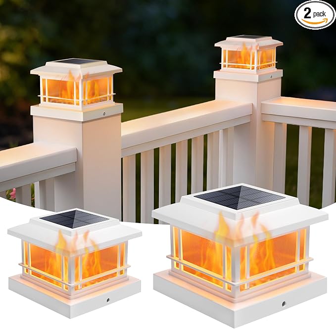 NIORSUN Solar Post Lights Outdoor, Fence Post Solar Lights with Flickering Flame Light & 3 Color Temps, Waterproof, Garden Patio Fence Deck Decor, 4x4 Posts Caps, 4x4, 5x5 Wooden & Vinyl (2Pack,White)