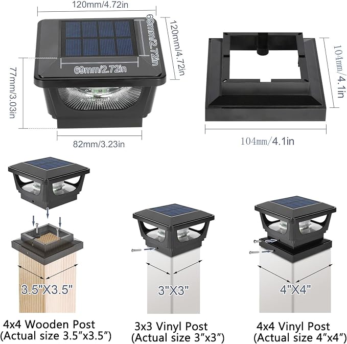 Sumaote Solar Post Cap Lights, 120 Lumen 3000K Warm White LED for 3x3 Metal/Vinyl & 4x4 Wood Posts, IP65 Waterproof Outdoor Garden Fence Deck Lighting, Dusk-to-Dawn Auto On/Off (6 Pack)