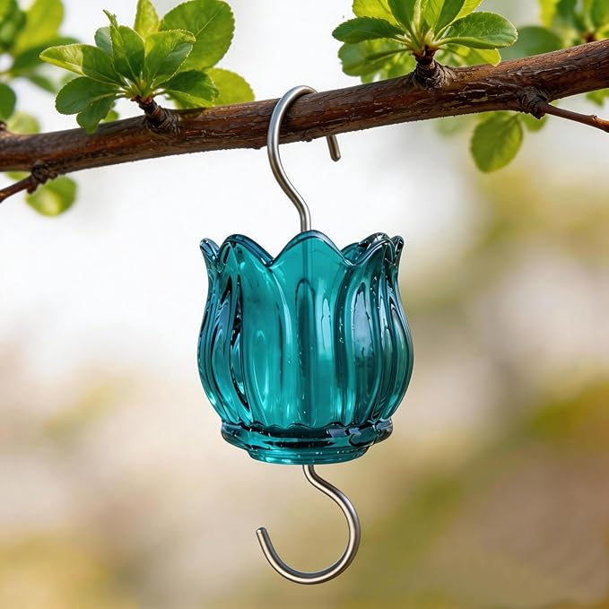 Glass Ant Moat for Hummingbird Feeder - 2PC x 3 OZ Turquoise Tulip Insect Guard with Large Capacity