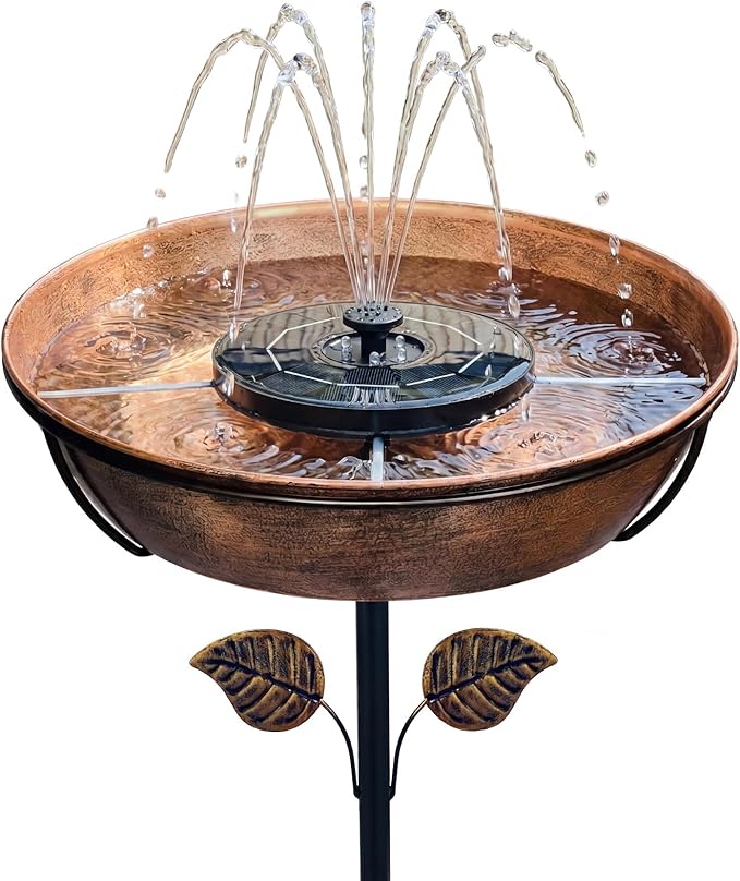 Metal Bird Bath with Solar Fountain - 13" Outdoor Birdbath Bowl + 6.3" Solar Pump with Battery LED Lights & with 4 Fixed Rods | Garden Bird Bath for Yard, Lawn, Patio, Flowing Water Feature