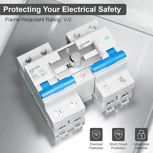 32 Amp Dual Power Manual Transfer Switch, 2Pcs 2-Pole Circuit Breakers with Single-Side Slide Lock, DIN Rail Included, Ideal for Industrial and Home Use