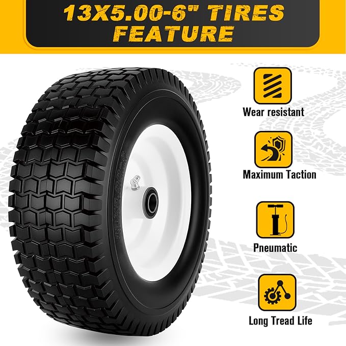 13x5.00-6 Flat Free Tire and Wheel with 3/4" & 5/8" Bearings – 2 Pack 13x5x6 Solid Rubber Lawn Mower Tires for Riding Lawn Mower Tires and Wheel with 3" Centered Hub