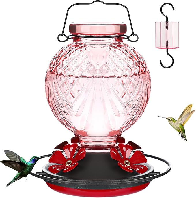 Glass Hummingbird Feeder for Outdoors Hanging, 20oz Bird Nectar Feeder with 4 Bee Guard Flower-Shaped Ports & Built-in Ant Moat, Easy to Clean, for Bird Lover,1 Pack, Pink