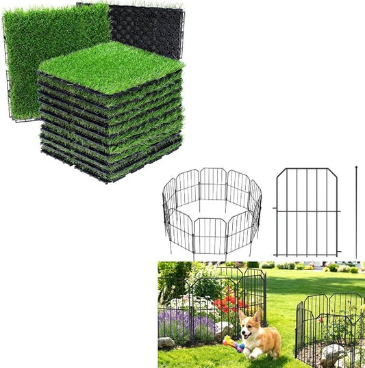 VANCASTLE Artificial Grass Tiles Interlocking Turf Squares Deck 9 Pack-Decorative Garden Fence Outdoor, 10 Panels Rustproof Metal Landscape Barrier Fence, Toatal 10FT(L) x 24IN(H) Design A