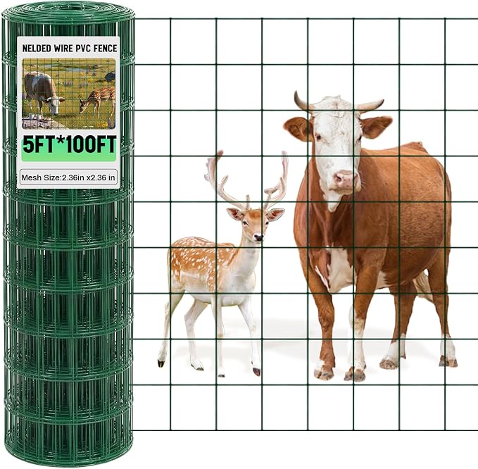Gisafai 16 Gauge Galvanized Welded Wire Fence 5 ft x 100 ft PVC Coated Hardware Cloth, 2.36" x 2.36" Mesh, Heavy Duty Garden Fencing Roll for Chicken, Dog Yard, Deer Cattle & Animal Protection(Green)
