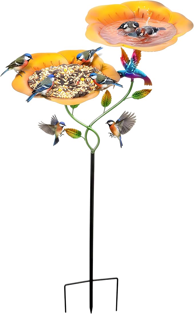 37.4 Inch Floral Metal Bird Bath for Outside - Standing Bird Feeder with Dual Flower Bowls Detachable Birdbath with Hummingbird Decor Metal Stake Base for Garden Yard Outdoor (Yellow)