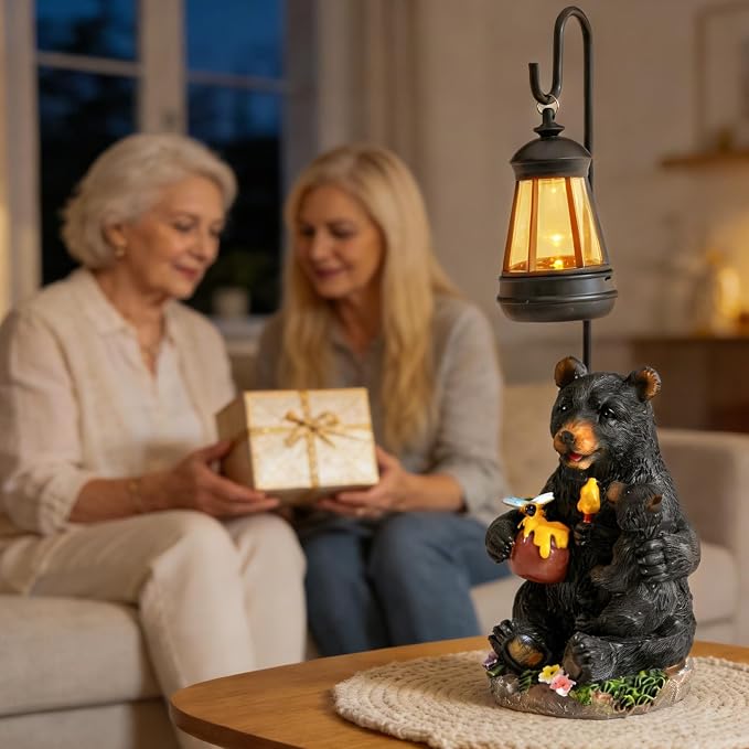 Pohabery Solar Bear Family Garden Statue with Lantern, Resin Mother and Baby Bear Figurine Outdoor Garden Decor