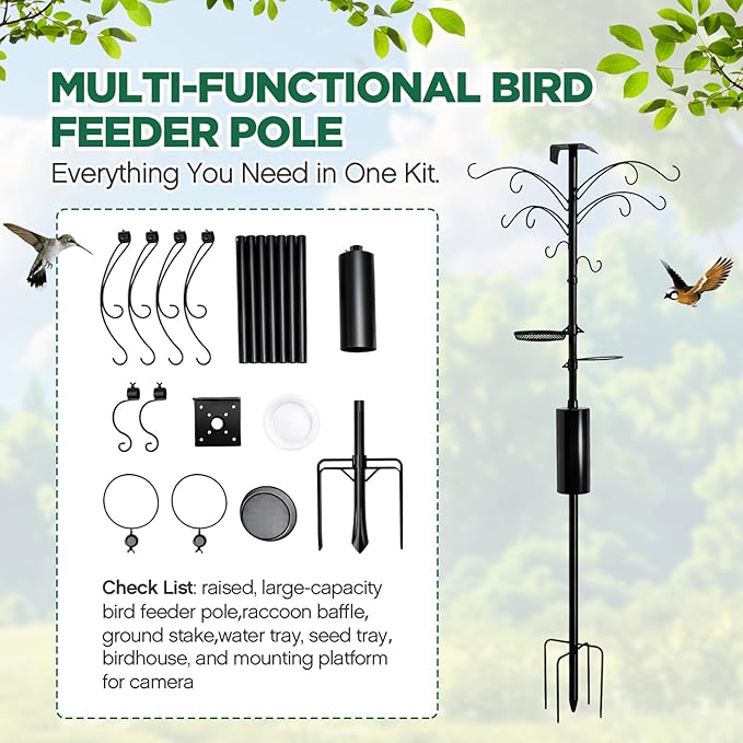 Yaocom 9.8ft Raccoon Proof Bird Feeder Pole with 18 Inch Arms Squirrel Baffle Heavy Duty Backyard Feeding System Supports up to 25 Lbs for Garden Bird Lovers, Compatible with Brome Feeders