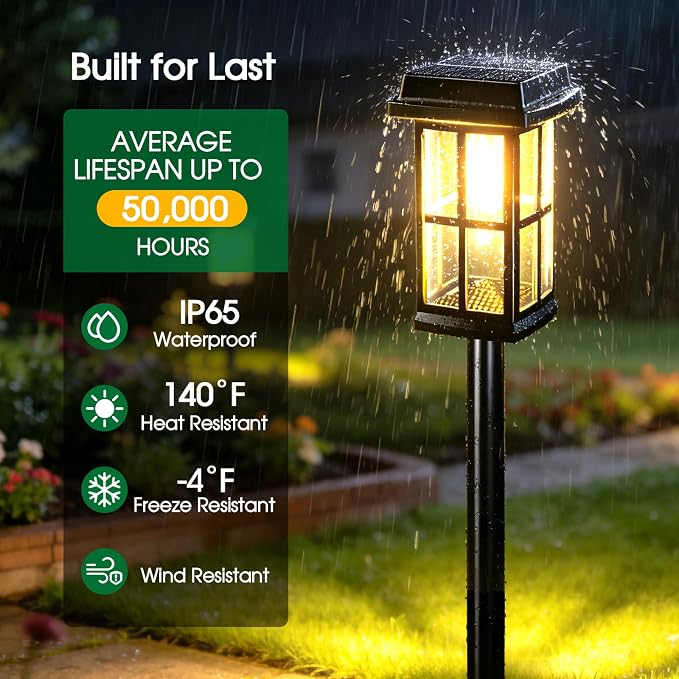 Garpar Solar Pathway Lights Outdoor 4 Pack, Window-Style with Metal Pole | 3500K Warm White, 2 Lighting Modes, Up to 18hrs Runtime, IP65 Waterproof, Ideal for Yard, Walkway, Driveway, Patio