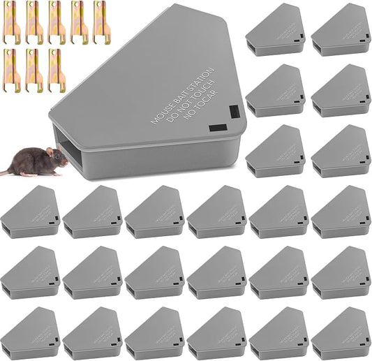 Qualirey 24 Pcs Mice Station with Key Triangle Mouse Station Lockable Reusable Bait Box, Enclosed Design for Indoor and Outdoor Use, Suitable for Small Mice (Gray)