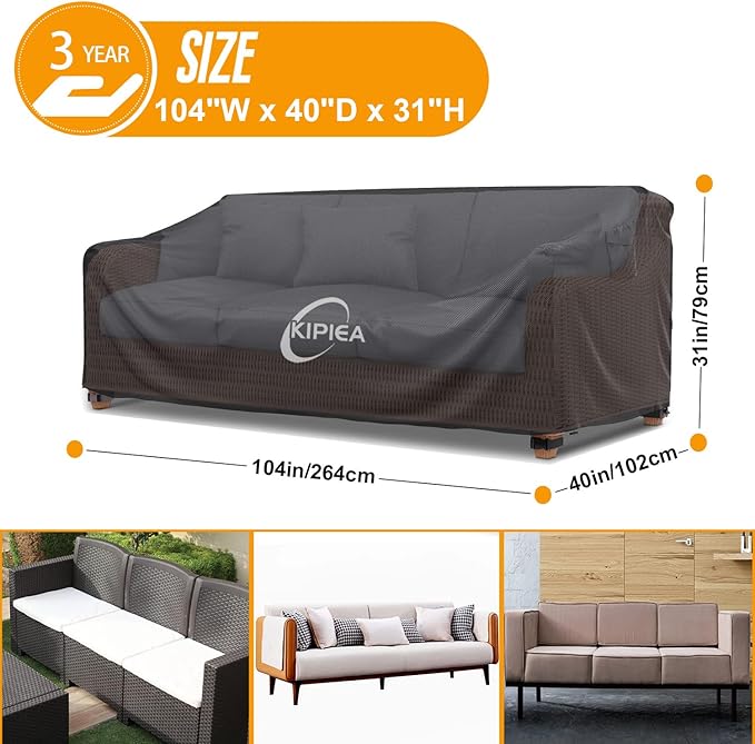 Kipiea Patio Sofa Cover, Heavy Duty Outdoor Couch Covers Waterproof Winter, 3-Seat Patio Furniture Cover Loveseat, Outdoor Sofa Covers with Anti UV and No Tears, No Fading (104"W x 40"D x 31"H)