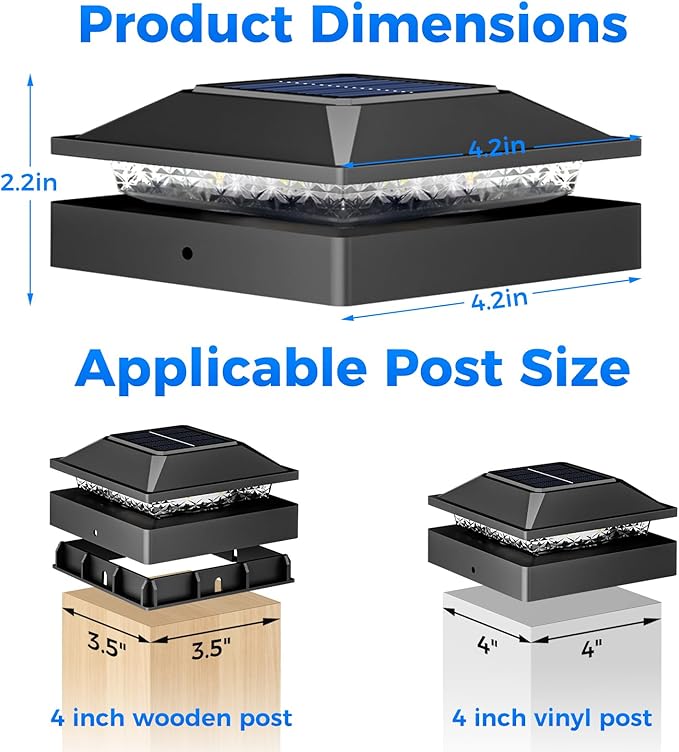 Peasur 4x4 Solar Post Cap Lights 6 Pack, 2 Modes 16 LED Post Lights Solar Powered Waterproof, Black Fence Deck Lights Fit 4x4, 3.5x3.5 Wooden/Vinyl Post for Porch Patio