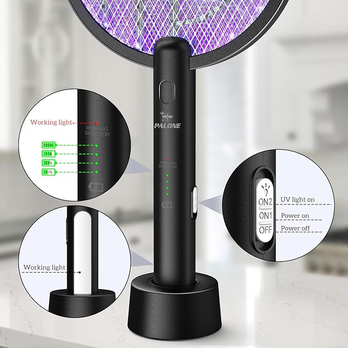 Electric Fly Swatter PALONE, 4000V Dual Modes Bug Zapper Racket, Mosquito Killer with Type-C Charging Dock, Insect Zapper with 3-Layer Safety Mesh Electric Fly Swatter for Indoor/Outdoor, Black 2 Pcs