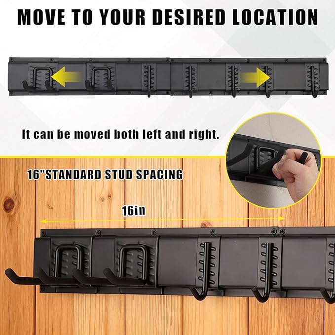 Garvee 64 Inch Garage Tool Organizer Wall Mount, Heavy Duty Garden Tool Storage Organization with 12 Adjustable Hooks, 16 Pack Yard shed Tool Organizer System for Shovel Rake Broom Ladders