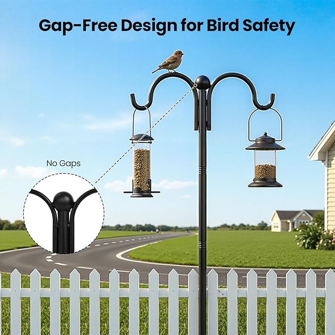 74 Inch Double Shepherds Hooks for Outdoor Bird Feeder Pole, Plant Hangers Balcony, Heavy Duty Garden Hooks Stand for Hanging Basket, Wind Chime, Hummingbird Feeder, 4 Ground Stakes Included