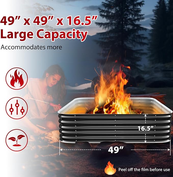 Height 16.5 Inch, Square Galvanized Steel Fire Pit for Outside, Heavy Duty Steel Fire Pit In-Ground for Backyard, Camping, Bonfire, Flower Raised Garden Bed for Garden (4x4x1.5ft)