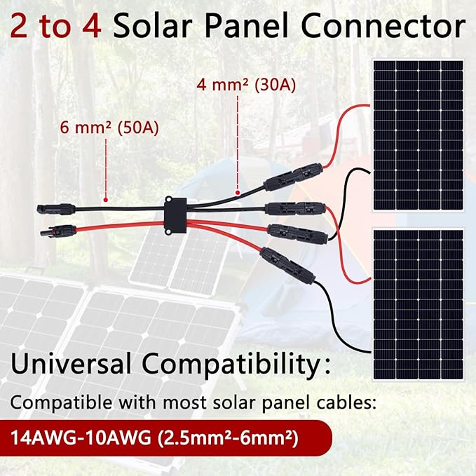 Solar Parallel Connectors for 2 Solar Panels, Tool-Free MC4 Solar Cable Splitter, Y Branch Solar Panel Splitter, 2 to 4 Solar Parallel Adapter IP68 Waterproof (FMM/MFF)