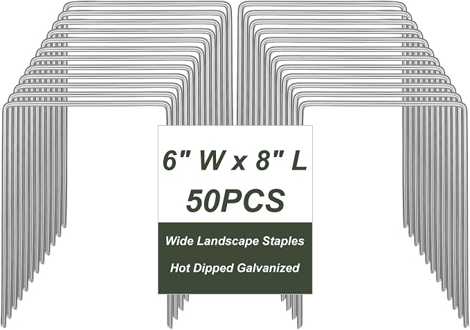 Wonderjune 50 Pack Heavy Duty Wide Landscape Staples, 7 Gauge Galvanized Steel Turf Stakes Garden Stakes Bulk, U Type Anchor for Grass, Securing Weed Barrier Fabric, Pipes, Sod (8"x6")