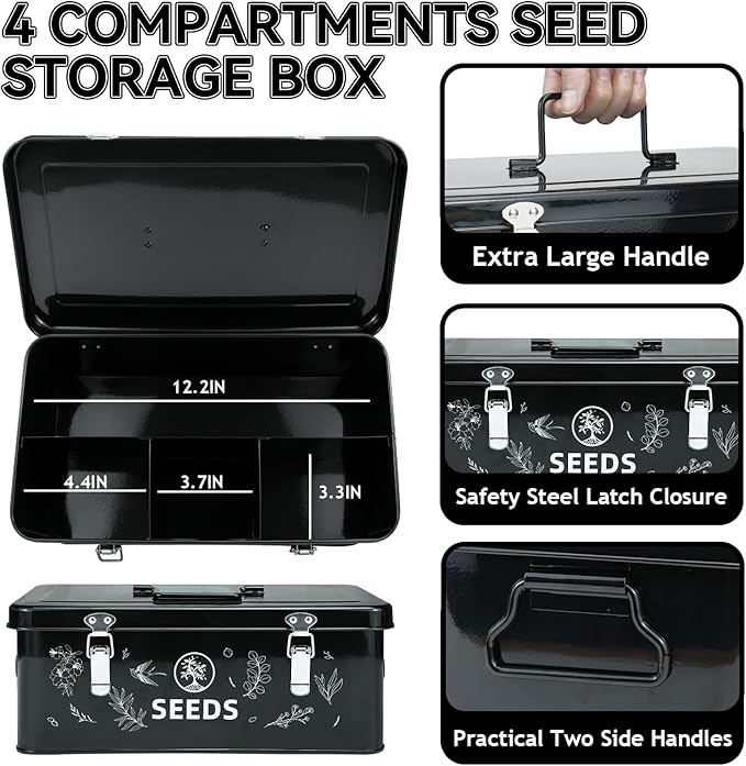 Seed Storage Box, Seed Storage Organizer with Garden String, 30 Seed Envelopes and Bamboo Plant Labels, 4 Compartments Garden Seed Organizer Box with Safety Locks, Black