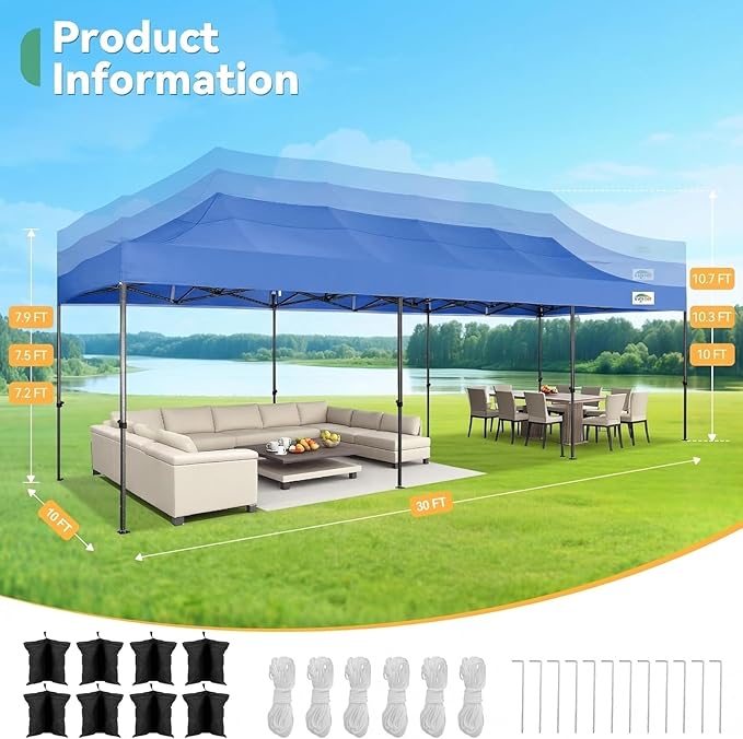 COBIZI 10x30 Pop up Carport 10x30 Canopy Tent with Sidewalls, Heavy Duty Party Tent Tents for Parties, Foldable UPF 50+ Waterproof Commercial Easy up Canopy with Wheeled Bag, Blue