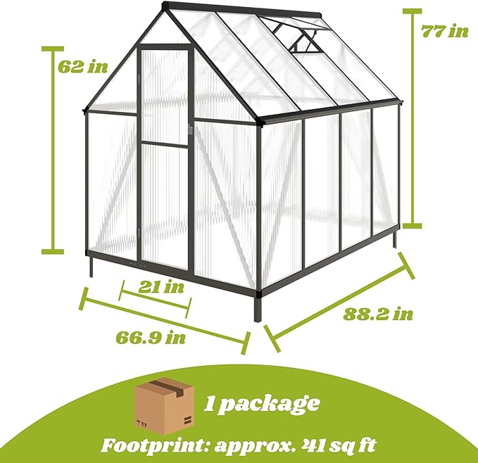 6 x 8 FT Greenhouse for Outdoors, Polycarbonate Greenhouse with Quick Setup Structure and Roof Vent, Aluminum Large Walk-in Green House for Outside Garden Backyard, Charcoal Black