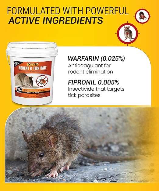Kaput Rodent & Tick Bait Blocks, 4Lb - Powerful Warfarin & Fipronil Rat Bait Blocks for Rat Control and Their Blacklegged Ticks - Epa Approved Rodent Killer for Long-Lasting Protection