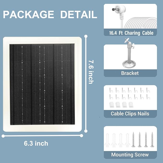 Ring Camera Solar Panel 5V 5W Outdoor Solar Battery Charger for Ring Spotlight Camera/Stick Up Camera with IP65 Waterproof, 16.4ft Cable, 360° Adjustable Bracket (White,1 Pack)