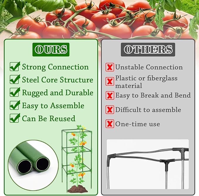 ZeeDix 6 Pack Heavy Duty Tomato Cages for Garden 60 Inches, Square Adjustable Tomato Trellis Cage Climbing Plant Support Trellis Plant Cages for Climbing Vegetables Flowers with 40Pcs Clips