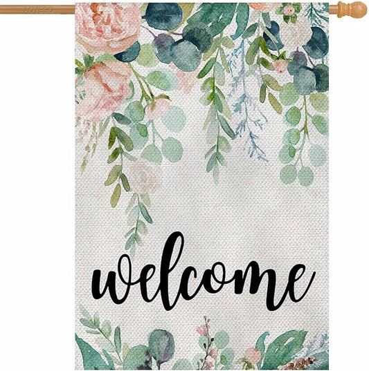 AOYEGO Welcome Watercolor Floral House Flags 28 x 40 Double Sided Burlap Wreath Frame Vivid Flowers Green Leaves Wedding Yard Flags Spring Summer Farmhouse Seasonal Outdoor Flag