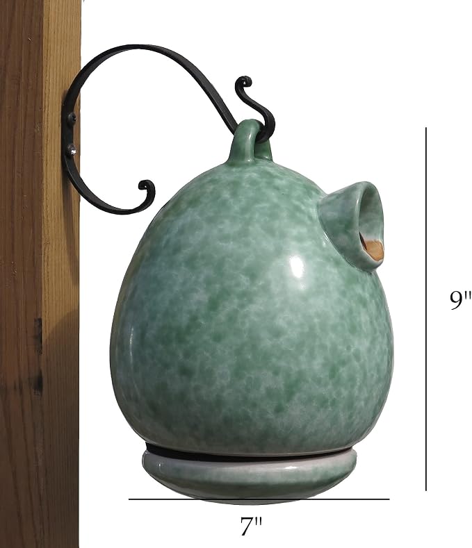 Byer of Maine Egg Bird Home for Small Songbirds, Meadow Green, High Fired Porcelain Stoneware, Ceramic Bird House, Glaze Finish, with Forged Steel Hook