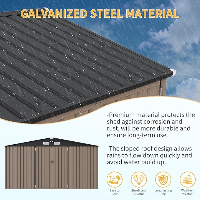 10x12FT Metal Storage Shed with Sloped Roof, Lockable Doors, Solar Light, Windows, and Vents, Outdoor Storage Sheds for Garden, Backyard, Patio Tools and Equipment