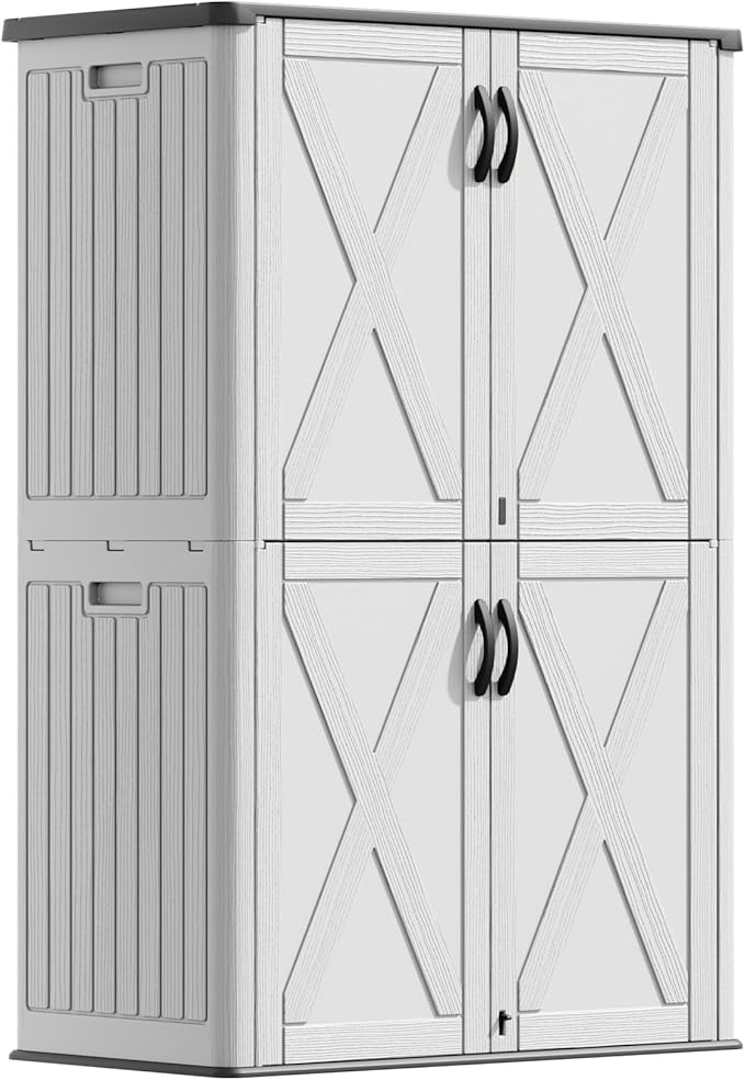 Devoko 50 Cu.ft Outdoor Storage Cabinet - Vertical Resin Storage Shed - Holds Patio Furniture, Pool Toys, Garden Tools (White) Shelf Not Included